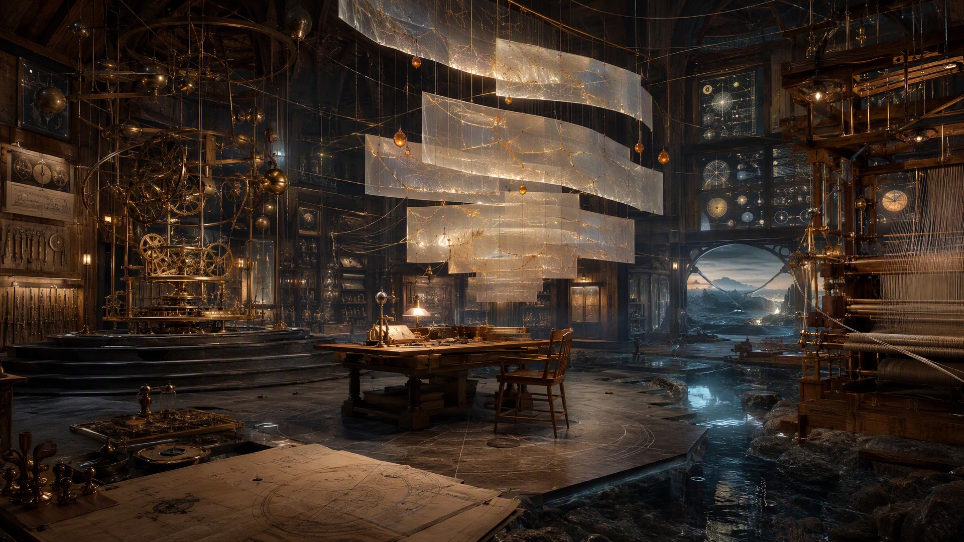 Golden threads connect translucent sheets above an empty chair and a wooden workbench. Brass mechanisms fill the left side, a loom fills the right, and a stream runs through the workshop toward an open mountain landscape.