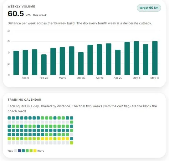 Weekly volume bars across a 16-week build with a deliberate cutback dip every fourth week, above a training calendar of daily squares shaded by distance, both rendered from the demo's sample block